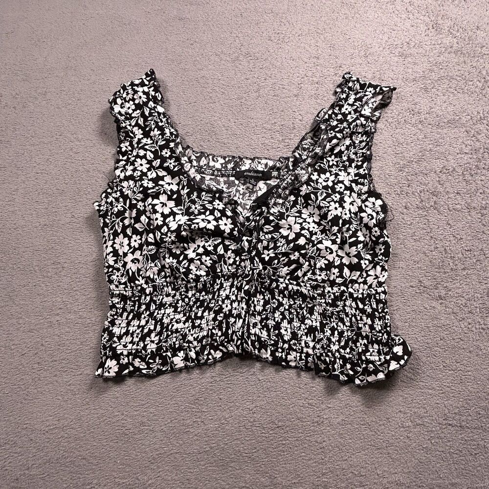 Ambiance Crop Top Womens L Black White Floral Smocked Ruffle Y2K Cottagecore